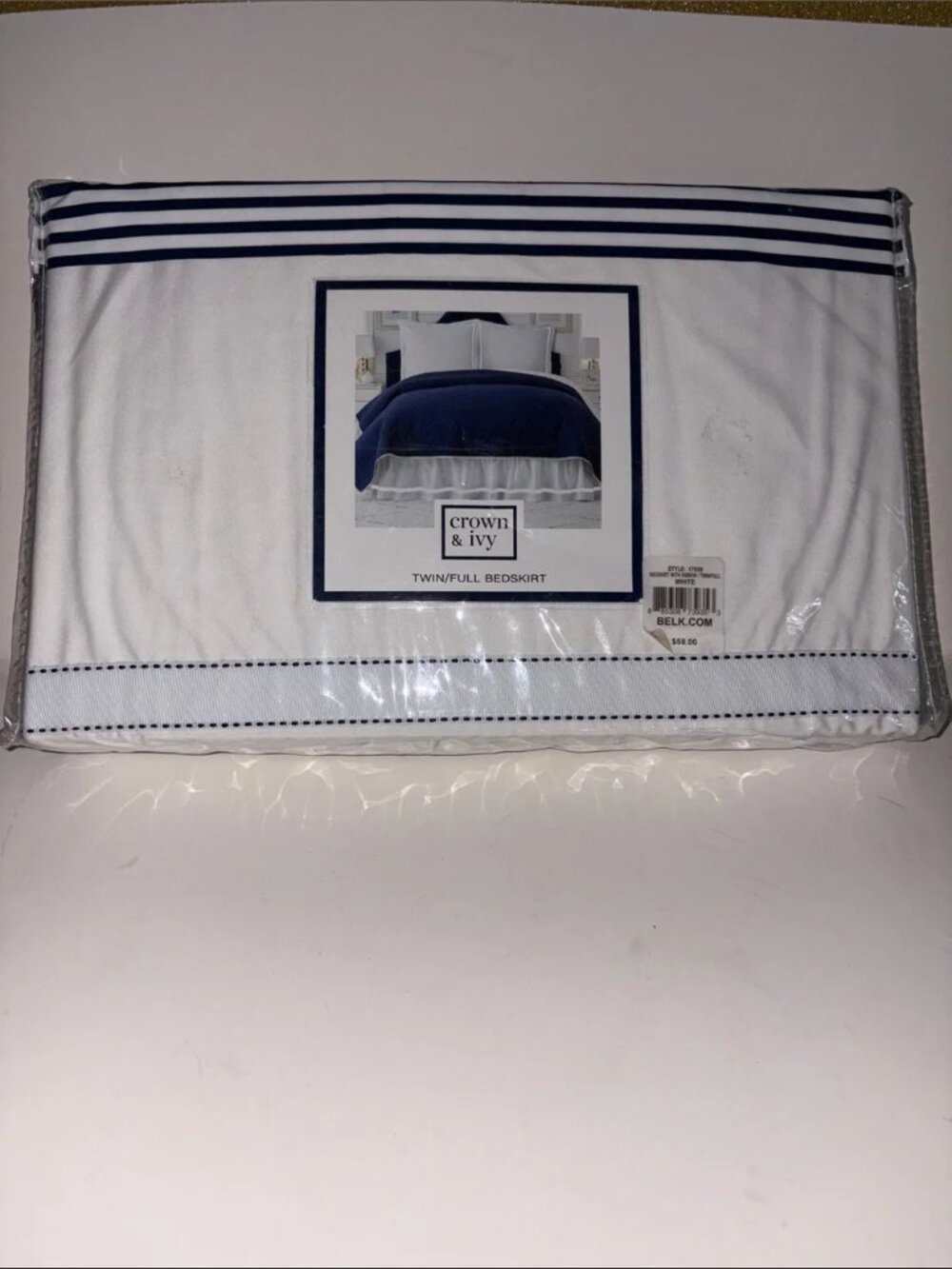 crown & ivy White Bedskirt with Navy Trim